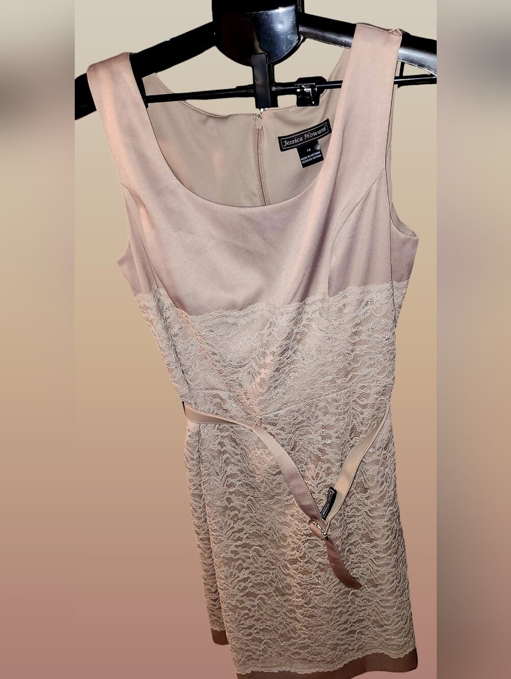 Jessica Howard Taupe Sequin Lace Cocktail Dress with Rhinestone Belt - Size 14